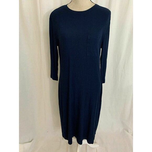 Three Dots Womens Solid Navy Blue Ribbed Long Sleeve Midi Dress Small - Picture 2 of 7